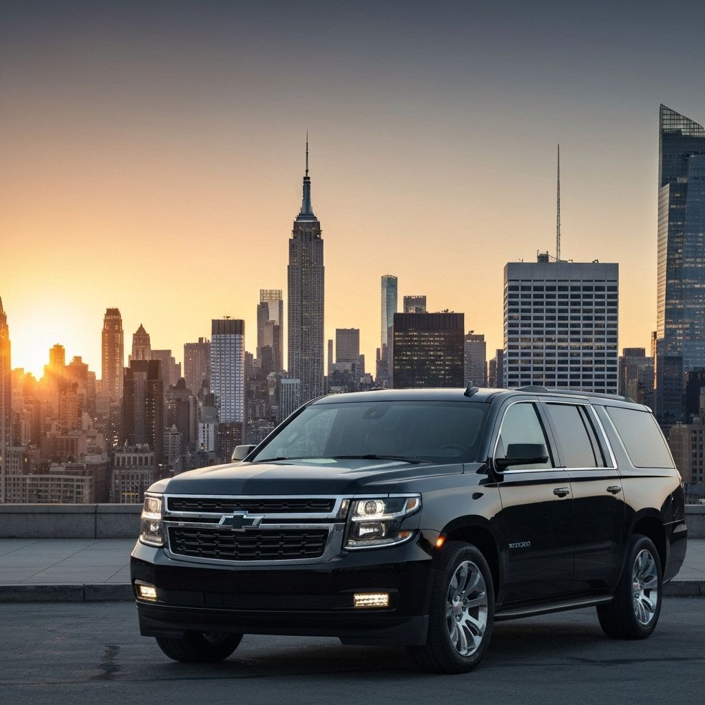 Luxury black Chevrolet Suburban SUV in front of New York City skyline - Premium car service