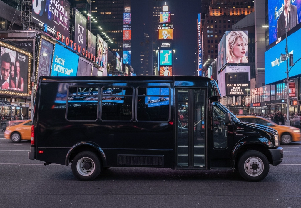 Shuttle Bus luxury vehicle in Times Square - Professional black car service for up to 15 passengers